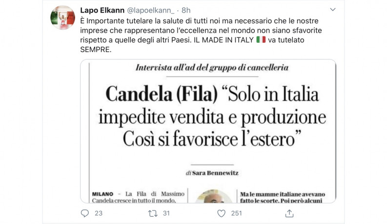 Lapo Elkann, in questo frangente non siano sfavorite le imprese del Made in Italy