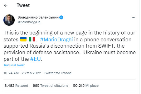 Telefonata Draghi - Zelensky, appoggio dell'Italia a disconnessione Russia da Swift